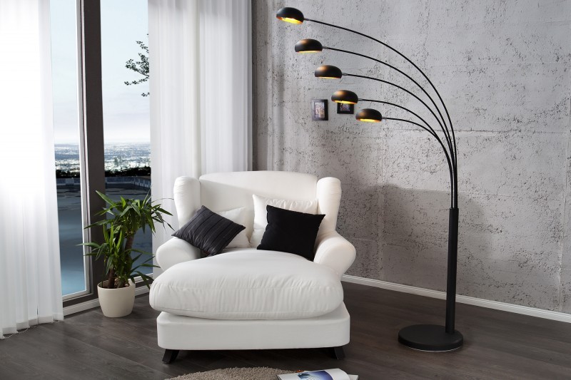 Lampadaire sur pied design arc 5 boules en métal teinté noir et doré
