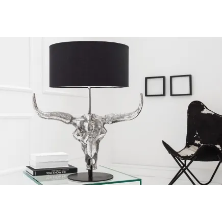 Lampe à poser design crâne de taureau coloris argenté et noir 2