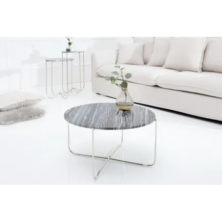 Table basse design en marbre coloris gris avec piétement en métal argenté