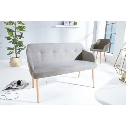 Banc design scandinave coloris gris claire en tissu avec pieds en bois massif