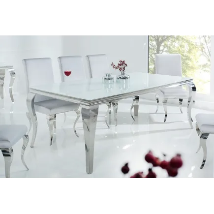 Table à manger design baroque de 200cm coloris blanc argenté en verre trempé et acier inoxydable 2