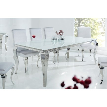 Table à manger design baroque de 200cm coloris blanc argenté en verre trempé et acier inoxydable 2