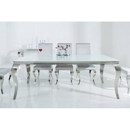 Table à manger design baroque de 200cm coloris blanc argenté en verre trempé et acier inoxydable 2