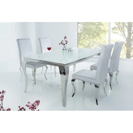Table à manger design baroque de 180cm coloris blanc argenté en verre trempé et acier inoxydable 2