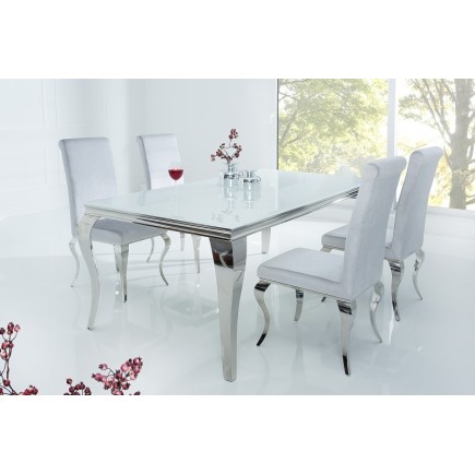 Table à manger design baroque de 180cm coloris blanc argenté en verre trempé et acier inoxydable