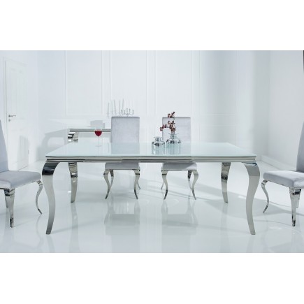 Table à manger design baroque de 180cm coloris blanc argenté en verre trempé et acier inoxydable 2