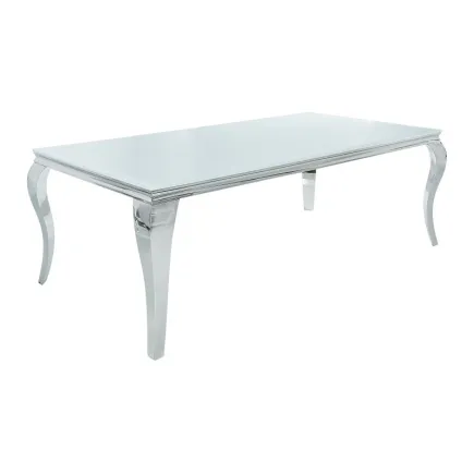 Table à manger design baroque de 180cm coloris blanc argenté en verre trempé et acier inoxydable