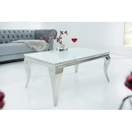 Table basse design baroque de 100cm coloris blanc argenté en verre trempé et acier inoxydable