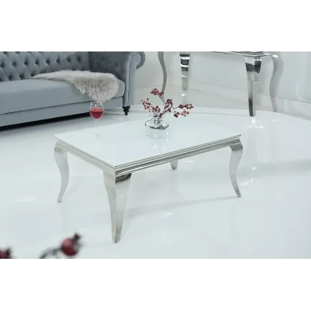 Table basse design baroque de 100cm coloris blanc argenté en verre trempé et acier inoxydable 2