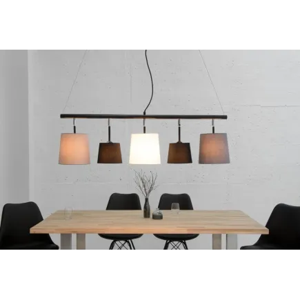 Suspension moderne à 5 lampes de couleur noire, blanche et gris en lin et métal