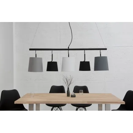Suspension moderne à 5 lampes de couleur noire, blanche et gris en lin et métal 2