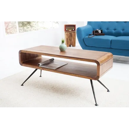 Table basse design rétro de 100cm coloris naturel en bois massif avec une niche