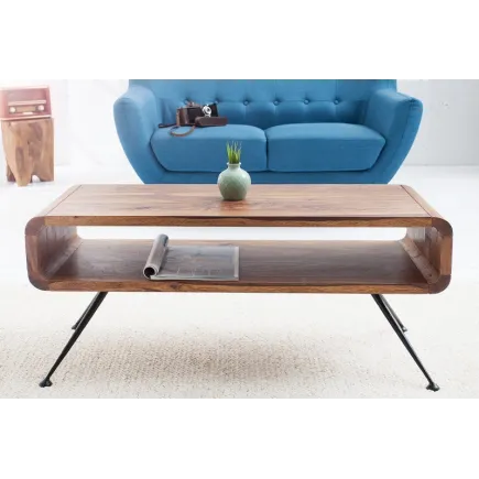 Table basse design rétro de 100cm coloris naturel en bois massif avec une niche 2
