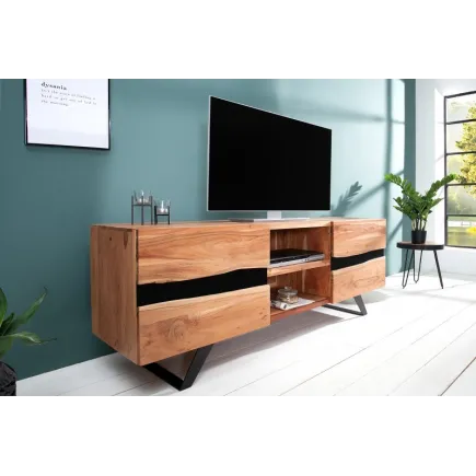 Meuble tv design coloris naturel et noir à 2 portes et 2 niches