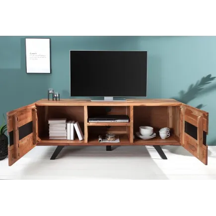 Meuble tv design coloris naturel et noir à 2 portes et 2 niches 2