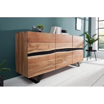 Bahut moderne de couleur naturel et noir en bois massif et en métal 2