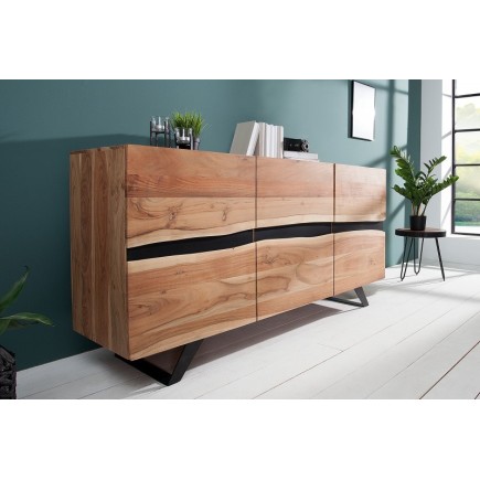 Bahut moderne de couleur naturel et noir en bois massif et en métal
