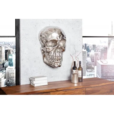 Sculpture murale design crâne humain en aluminium coloris argenté
