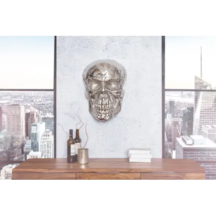 Sculpture murale design crâne humain en aluminium coloris argenté 2