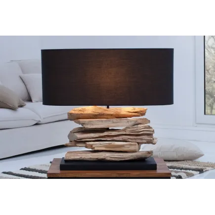 Lampe à poser design naturel en bois flotté avec abat jour en toile noir