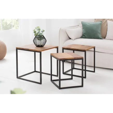 Lot de 3 tables à manger moderne en bois massif et métal coloris naturel et noir