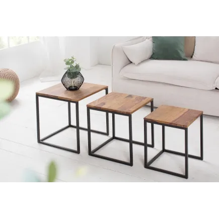 Lot de 3 tables à manger moderne en bois massif et métal coloris naturel et noir 2