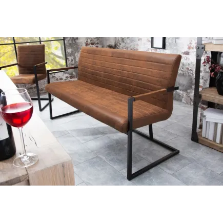 Banc design rembourré coloris brun vintage en mircofibre avec piétement en métal