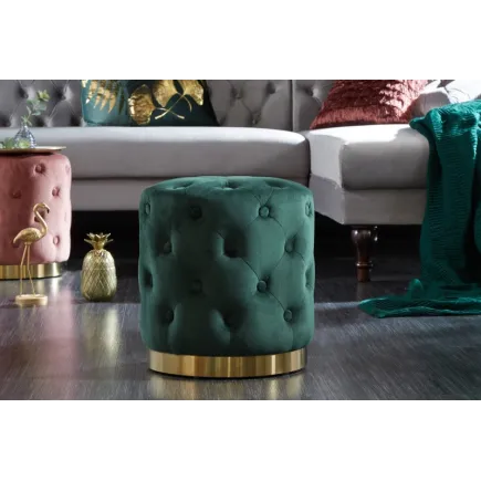 tabouret design baroque capitonné coloris vert foncé et doré