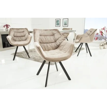 Chaise design scandinave de salle à manger coloris champagne greige en microfibre avec piétement en métal