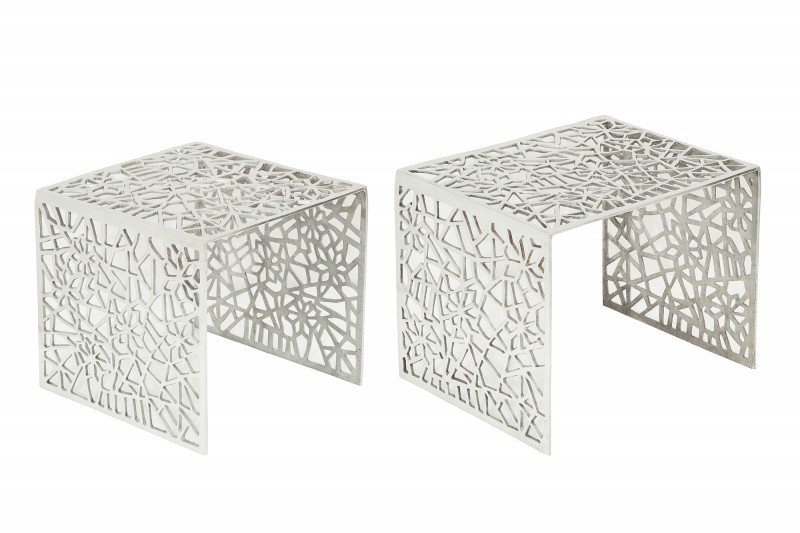 Ensemble de 2 tables basses faites à la main ABSTRACT 49cm argentées