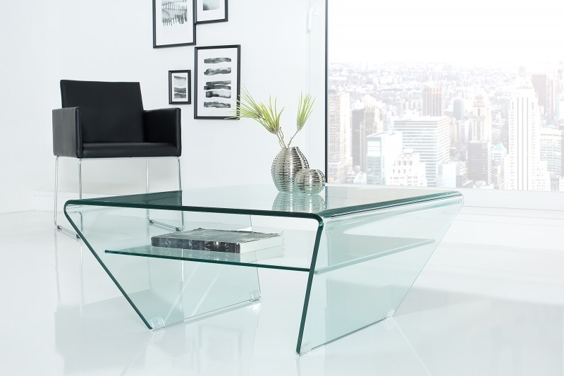 Table basse contemporaine en verre 70cm  avec étagère transparente