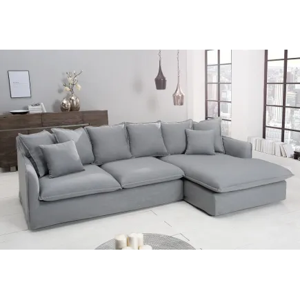 Grand canapé d'angle 255cm en lin gris style campagnard