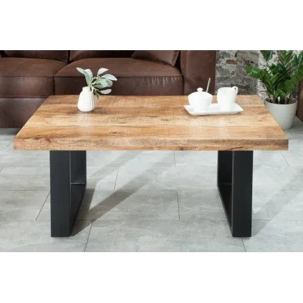 Table basse design industriel en bois massif et métal coloris naturel et noir 2