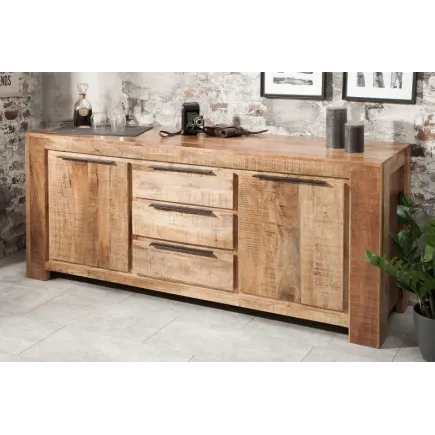 Bahut design industriel de couleur naturelle en bois massif à 2 portes et 3 tiroirs 2