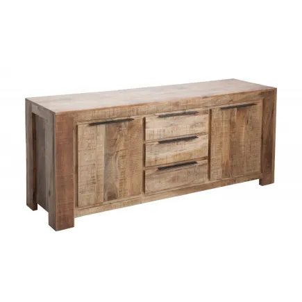 Bahut design industriel de couleur naturelle en bois massif à 2 portes et 3 tiroirs