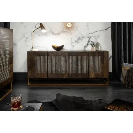 Bahut contemporain à 4 portes en bois massif coloris brun naturel avec pieds en métal doré 2