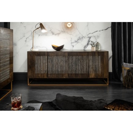 Bahut contemporain à 4 portes en bois massif coloris brun naturel avec pieds en métal doré