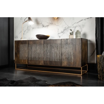 Bahut contemporain à 4 portes en bois massif coloris brun naturel avec pieds en métal doré 2