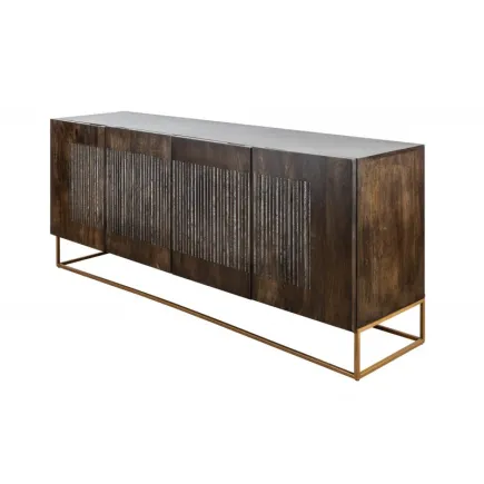 Bahut contemporain à 4 portes en bois massif coloris brun naturel avec pieds en métal doré