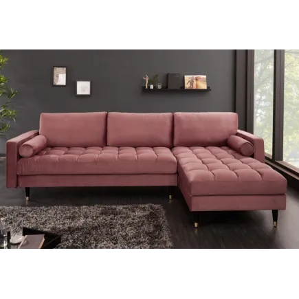 Canapé d'angle VELVET capitonné coloris rose foncé